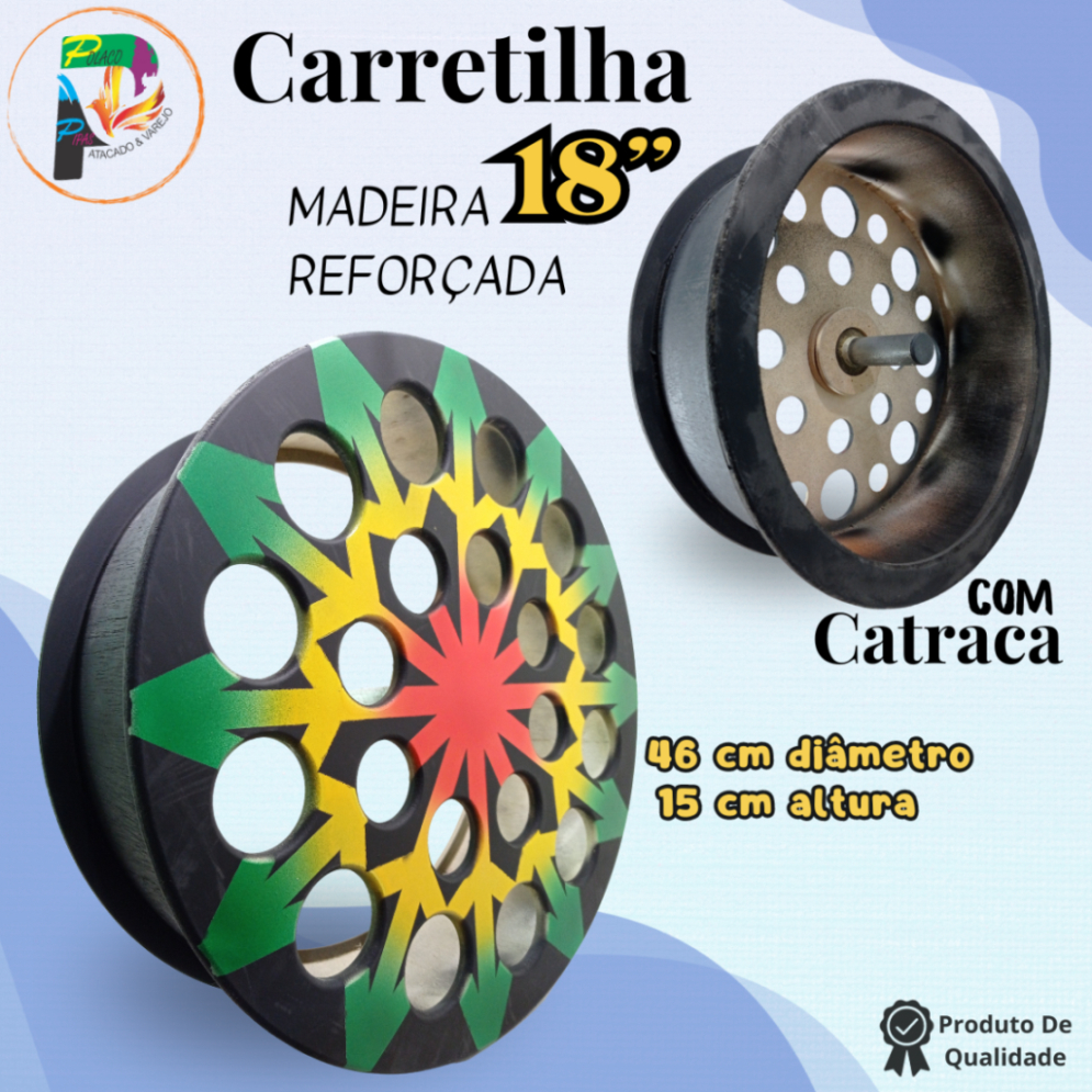 Carretilha Grande Madeira Mdf 46 Cm Catraca Grafitada Pipa - 01 Unidade
