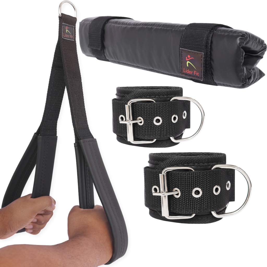 Protetor Barra Pra Agachamento Musculação Fitness + Puxador Glúteo Caneleira Cross Over Profissional