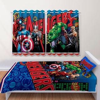 Kit Jogo de Quarto Infantil Cortina Jogo Lençol Cobre Leito Vingadores  Desenho
