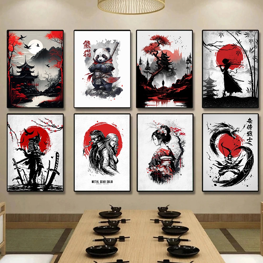 Quadro Japonês Samurai, Arte Mural, Guerreiro, Panda e Gueixa Poster, Para Sala de Estar, Decoração