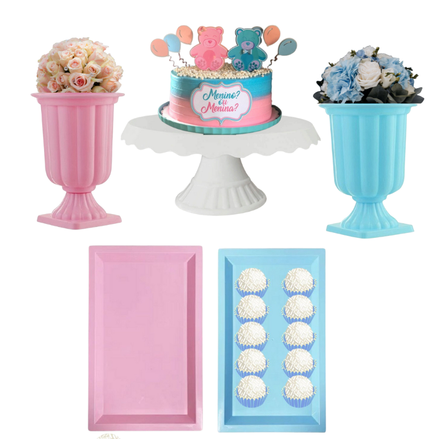 Kit Decoração Chá Revelação Boleira + Vaso Grego Flores + Bandeja Retangular Acrílico Festa Bolo