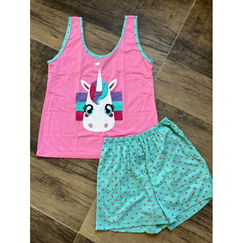 Pijama Unicórnio Baby Dool Feminino Adulto Regata de Malha Algodão Verão Primavera Atacado Revenda Sexy Short Blogueira Temático Personagem Disney