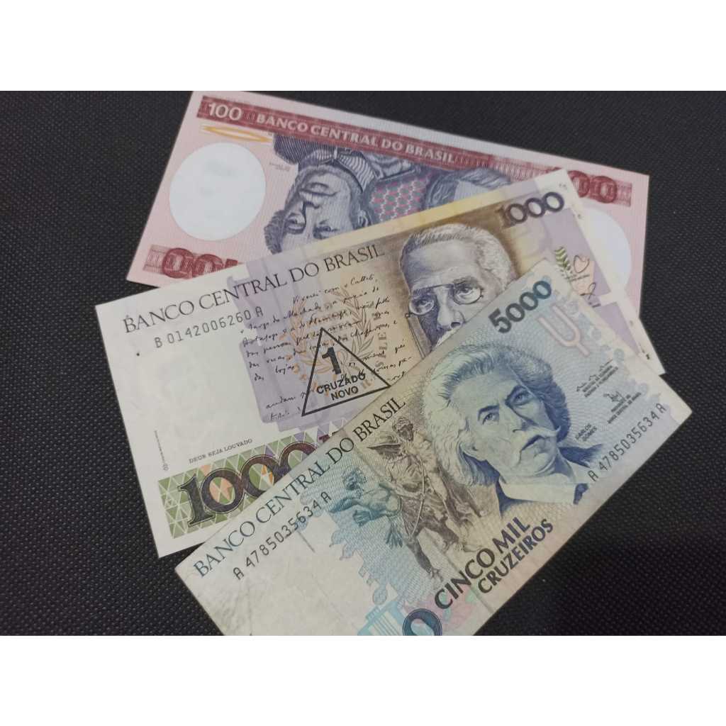 Trio de cédula 100 cruzeiros, 1000 mil cruzados com carimbo de 1 cruzado novo