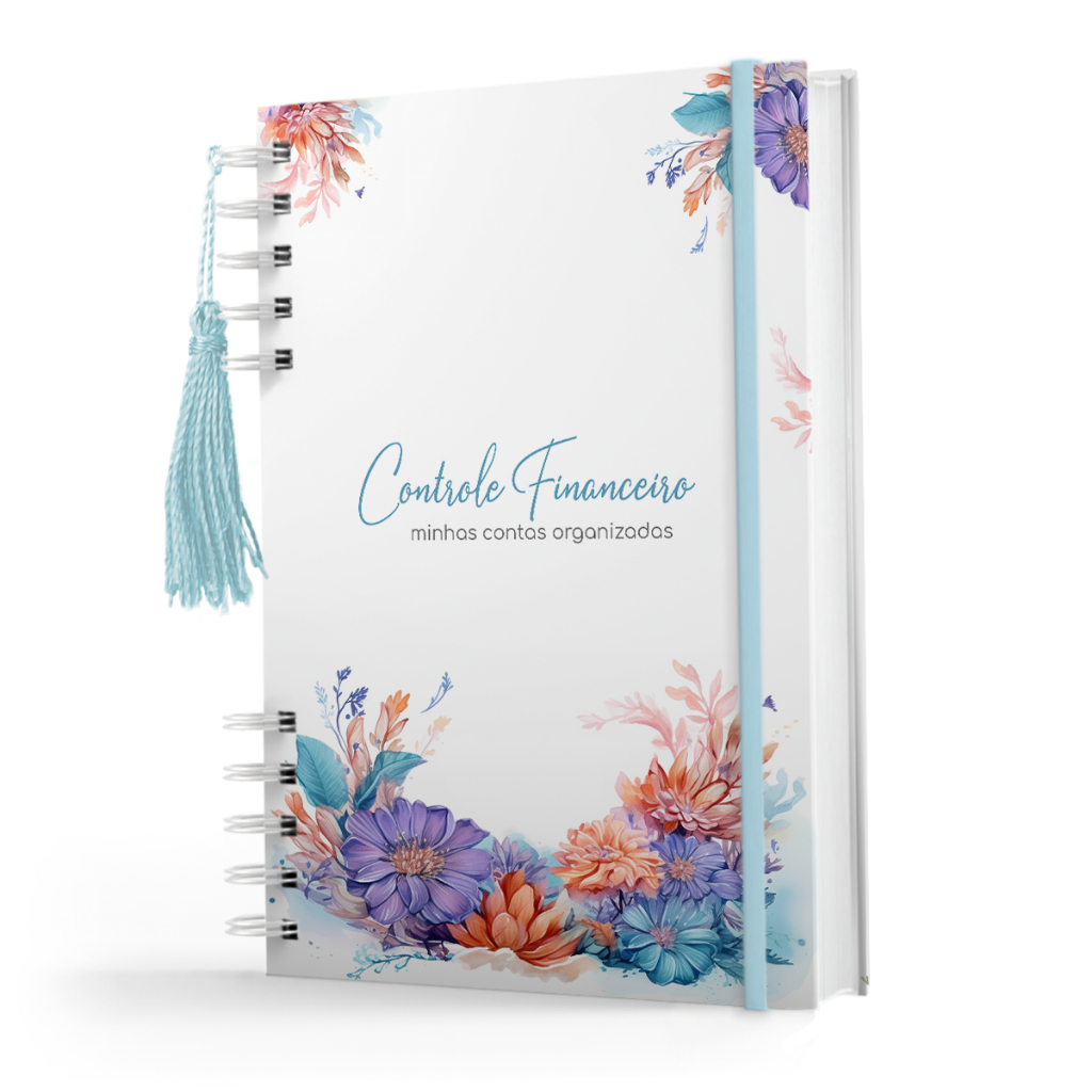 Planner Financeiro Para Controle e Organizar as Finanças Com Capa Dura Coleção Floral Azul