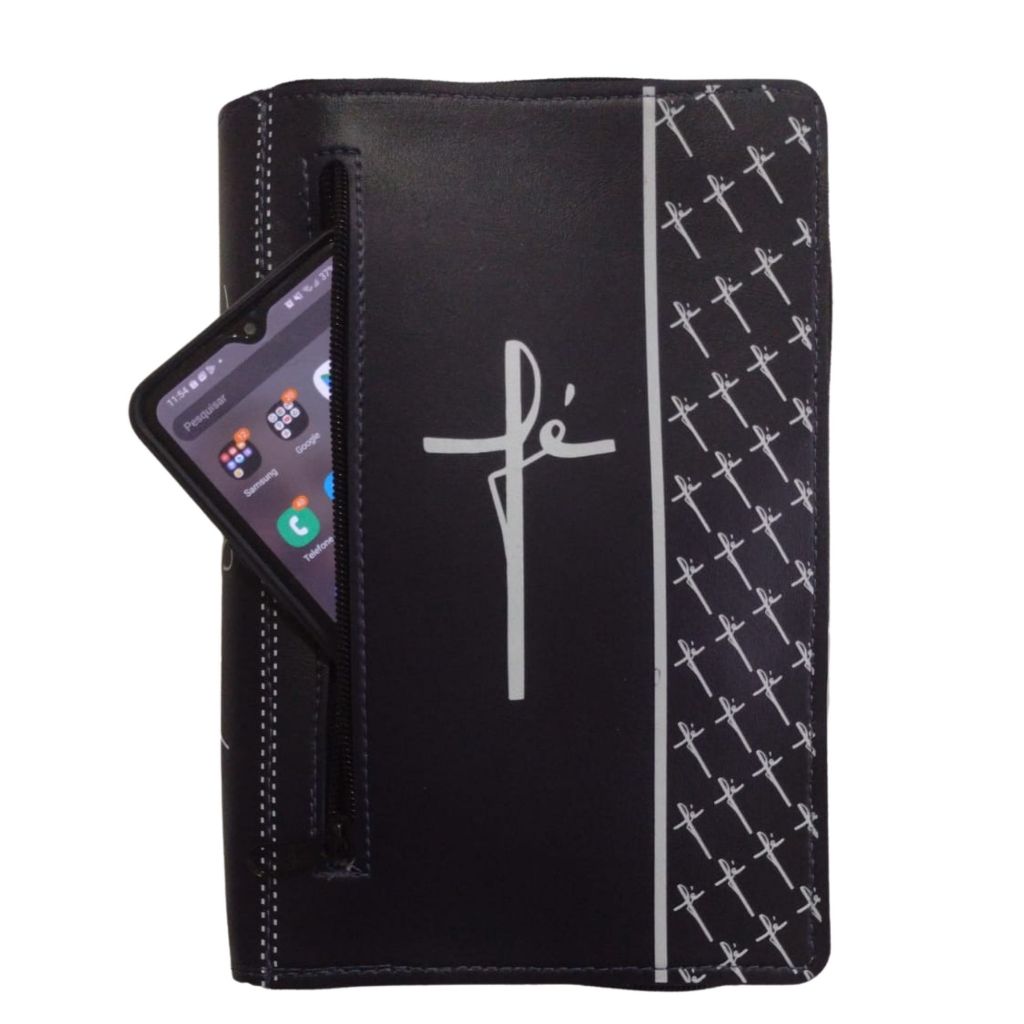 Capa para Bíblia Média com Zíper Escrito Fé - Bolso Externo Porta Celular
