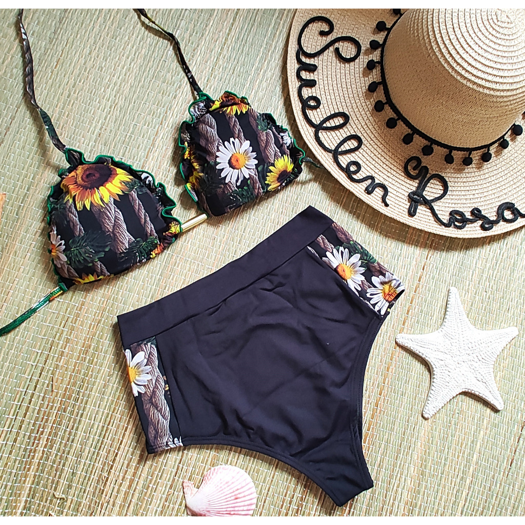 Biquíni Cintura Alta Cortininha Hotpants Riple Verde com Bojo e Forro Girassol Margarida
