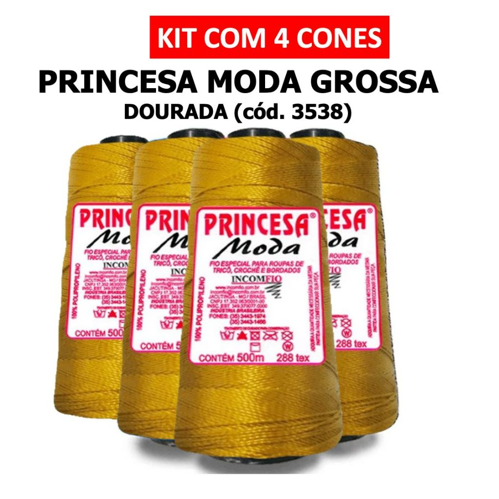 KIT 4 LINHAS - PRINCESA MODA GROSSA DOURADA (3538) / Crochê / Artesanato / Tranças para cabelo / Incomfio