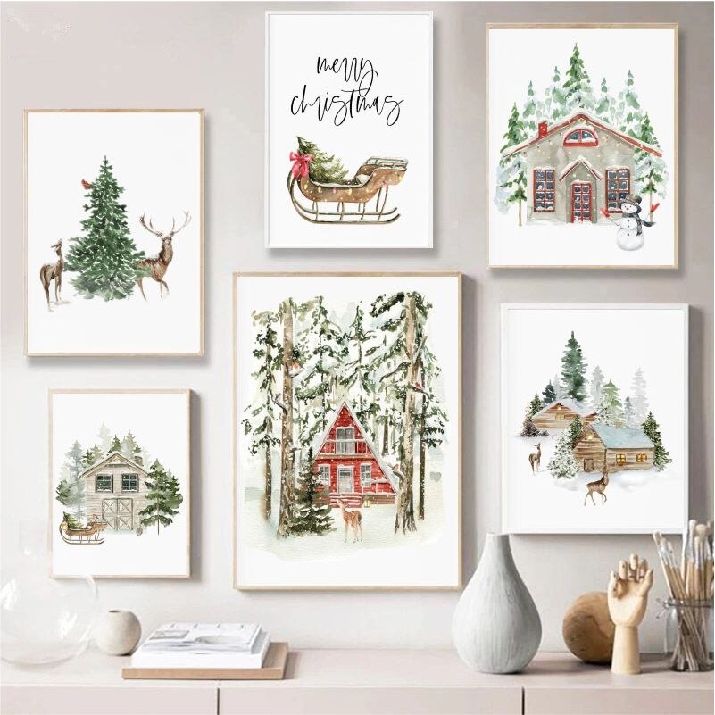 Quadro de Natal, Wall Art, Forest Deer, Woodland Posters e Impressões, Inverno