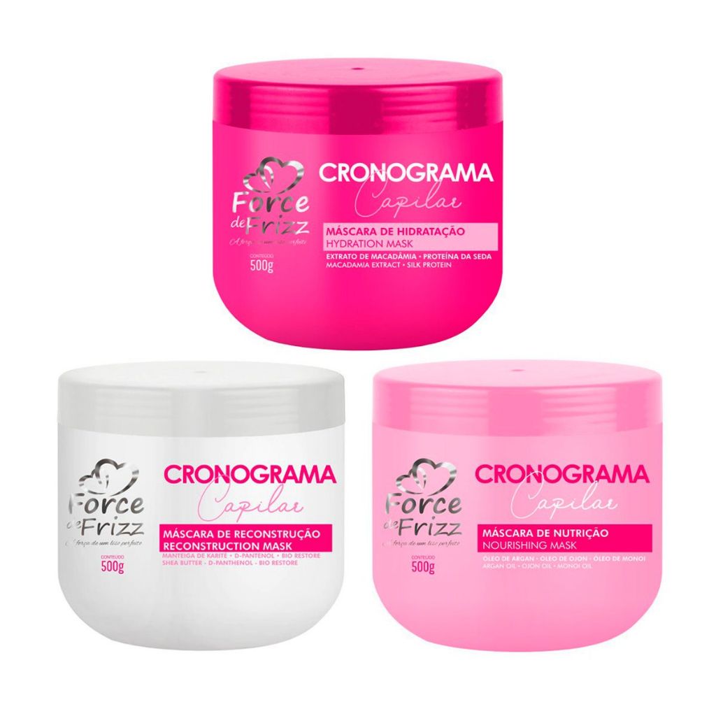 cronograma capilar force de frizz kit com 3 mascaras nutrição + reconstrução + hidratação 500gr cada em Oferta na Shopee