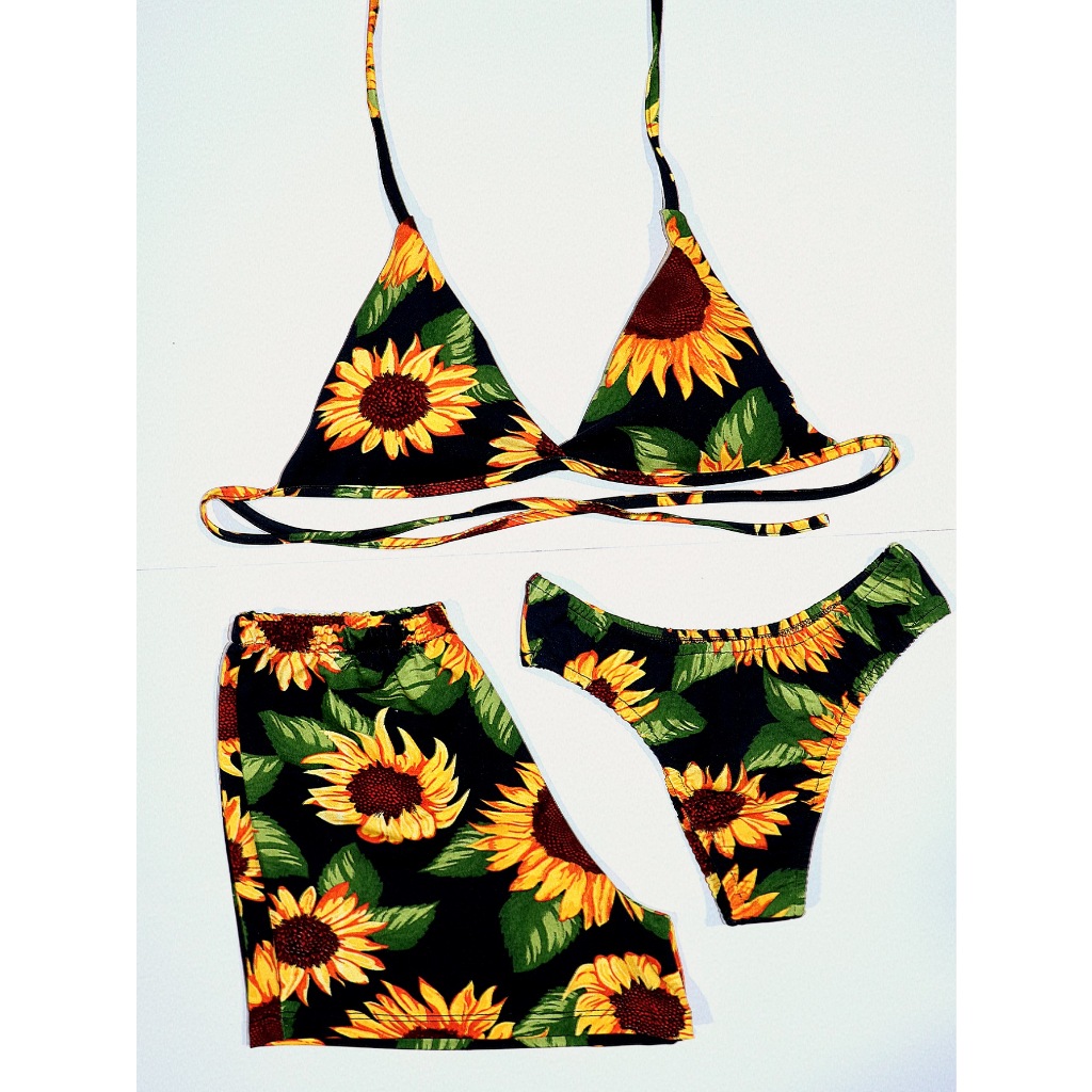Conjunto Feminino Trio Biquíni Girassol - Biquíni Feminino Asa Delta Com Bojo e Short