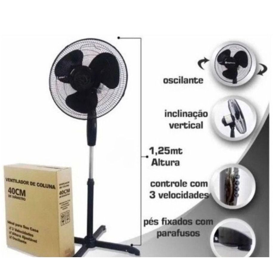 Ventilador de coluna 40cm Preto Pedestal Silencioso e Potente 110V e 220V Econômico