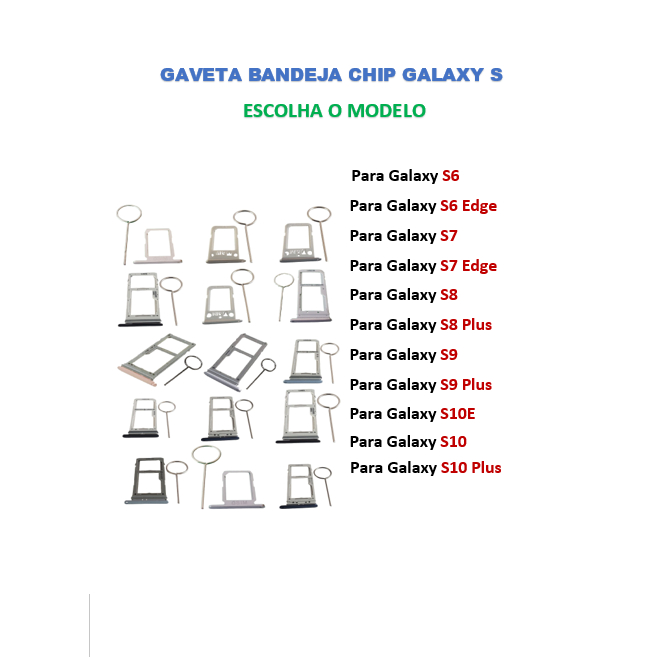 Gaveta Bandeja Slot Chip Sim Card Para Samsung Galaxy S6 / S6 Edge / S7 Edge / S8 Plus / S9 / S10e / S10 / S10 Plus