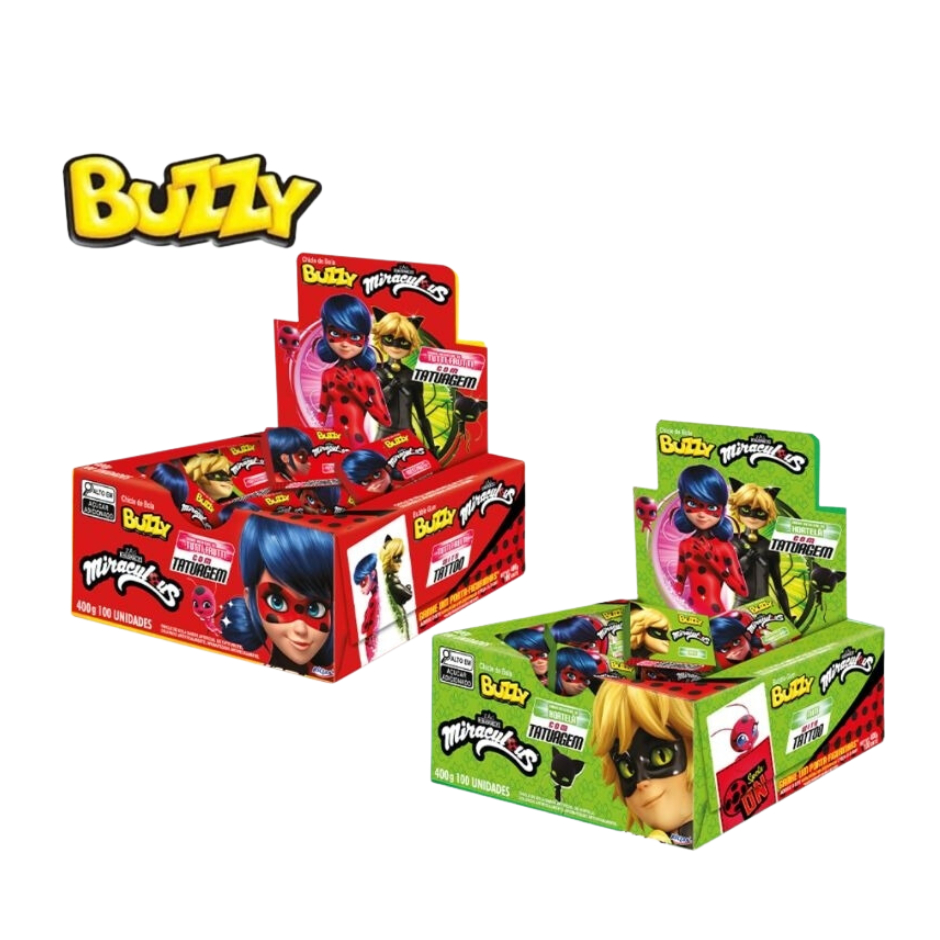 Chicle Buzzy Miraculos caixa c/100 unidades | Figurinhas Adesivas Ladybug e CatNoir
