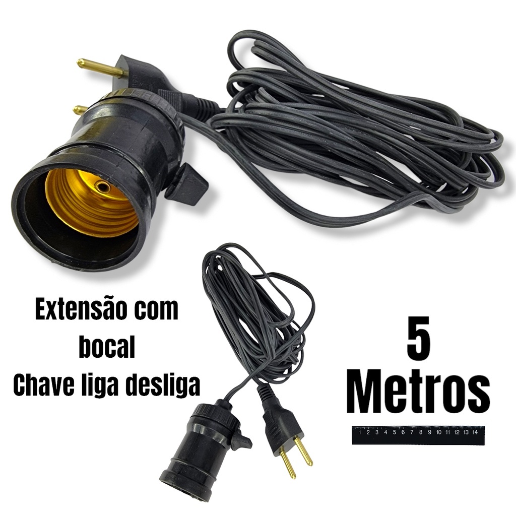 Extensao 5 Metros Com rabicho extensor soquete  Bocal E27 Lampada Padrao Bivolt 127/220 Liga/Desliga
