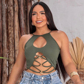 Blusinha Cropped Regata Alcinha Feminino Com Bojo Argolas Barriga