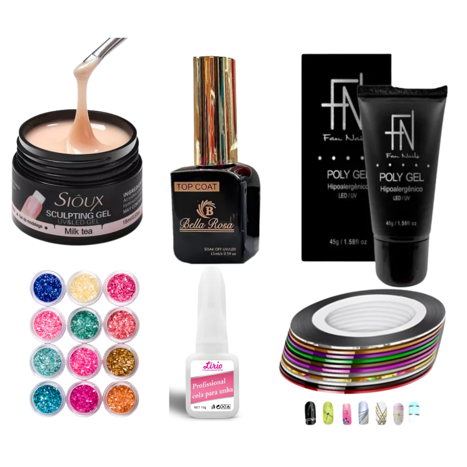 kit profissional unha de gel manicure acrigel poligel fan nails top coat bella rosa gel sioux gliter flocado cola lirio 10 fitilho sortido