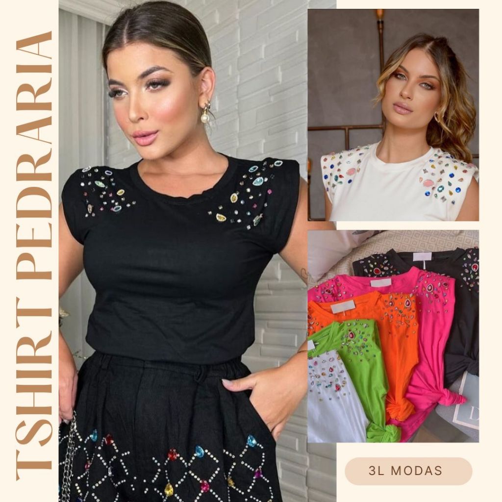Blusa Feminina Pedraria Tshirt Blusinha Muscle Luxo Moda boutique