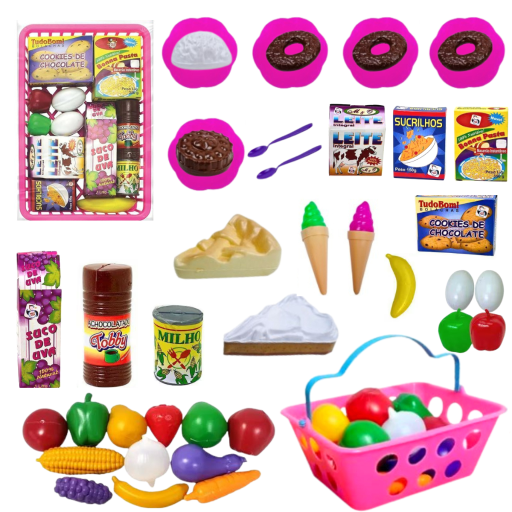 Comidinha de brinquedo mini mercadinho + frutinhas de brinquedo + sorvetinho kit 41 peças