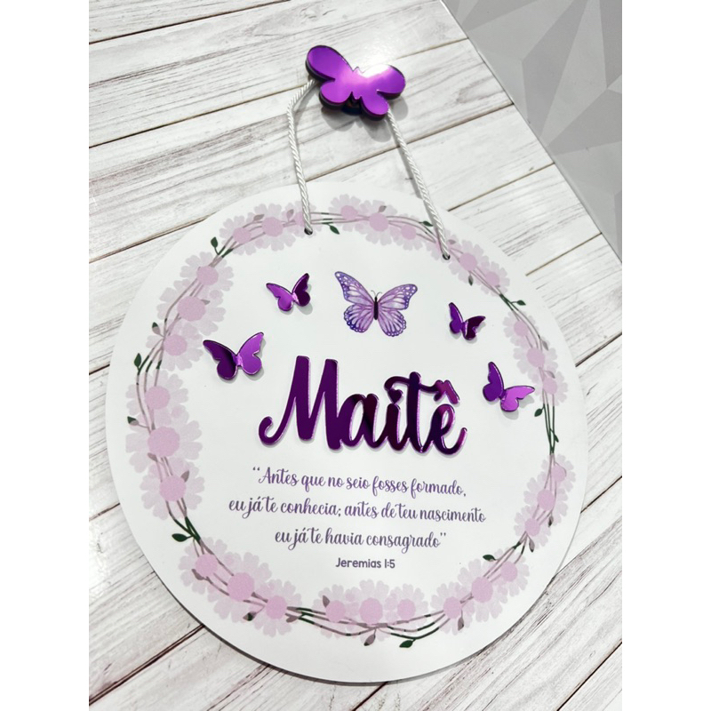Guirlanda enfeite de porta de quarto Borboletas lilás e roxo tema jardim encantado