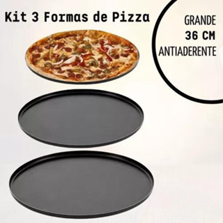 Kit 3 Assadeiras de Pizza Forma Grande 36cm c/Revestimento Antiaderente Aço Carbono
