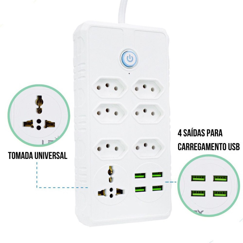 Régua Filtro de Linha com 7 Tomadas Extensão Elétrica 1 Universal 4 USB Bivolt 10A Cabo de 2 Metros-envio imediato em Oferta na Shopee