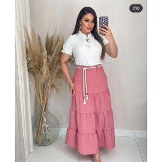 Saia longa de babado tres Marias Linho longo camadas cintura alta moda evangélica