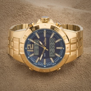 Relogio masculino dourado analogico digital fundo azul condor  COBJK657AJ/4A em Oferta na Shopee