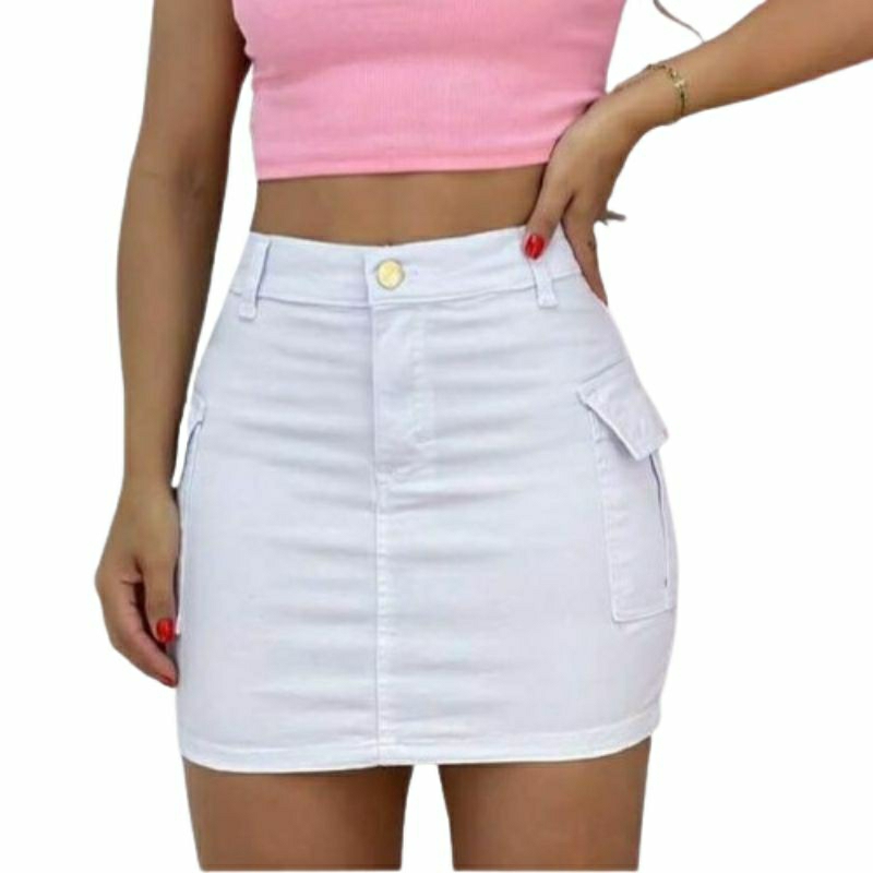 Mini saia cargo jeans branca de alta qualidade empina bumbum vários cores disponíveis em Oferta na Shopee