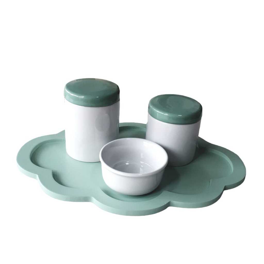 Kit Higiene Bebê porcelana potes com tampa bandeja verde porta algodão cotonete menino maternidade em Oferta na Shopee