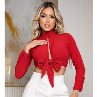 Cropped Feminino Luna Social Manga Longa Nó Estiloso de Amarração Frontal Blusa meia Estação Premium Verão Bobão