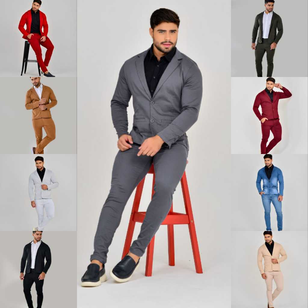 Kit Blazer Masculino Slim + Calça Slim Elastano Meia Estação