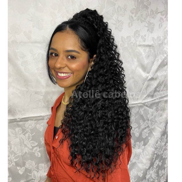 Rabo de Cavalo Cacheado preto Orgânico  Extensão bio fibra ondulado encaracol identico ao cabelo humano natural volumoso