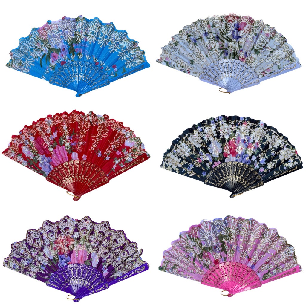 3 Leques de Mão Tradicional Tecido Estampa Florida com Renda Chinês Japonês Oriental Feminino Atacado