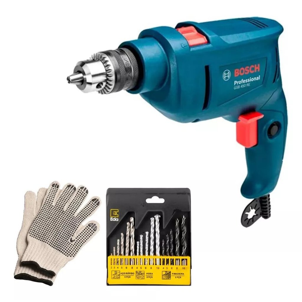 Furadeira Impacto Profissional Bosch Gsb 450 Re Std 450W + Brocas E Luvas - Home & Living