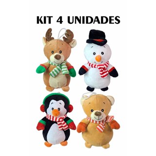 Kit 4 Pelúcia De Natal Urso Pinguim Rena Boneco Neve 15Cms