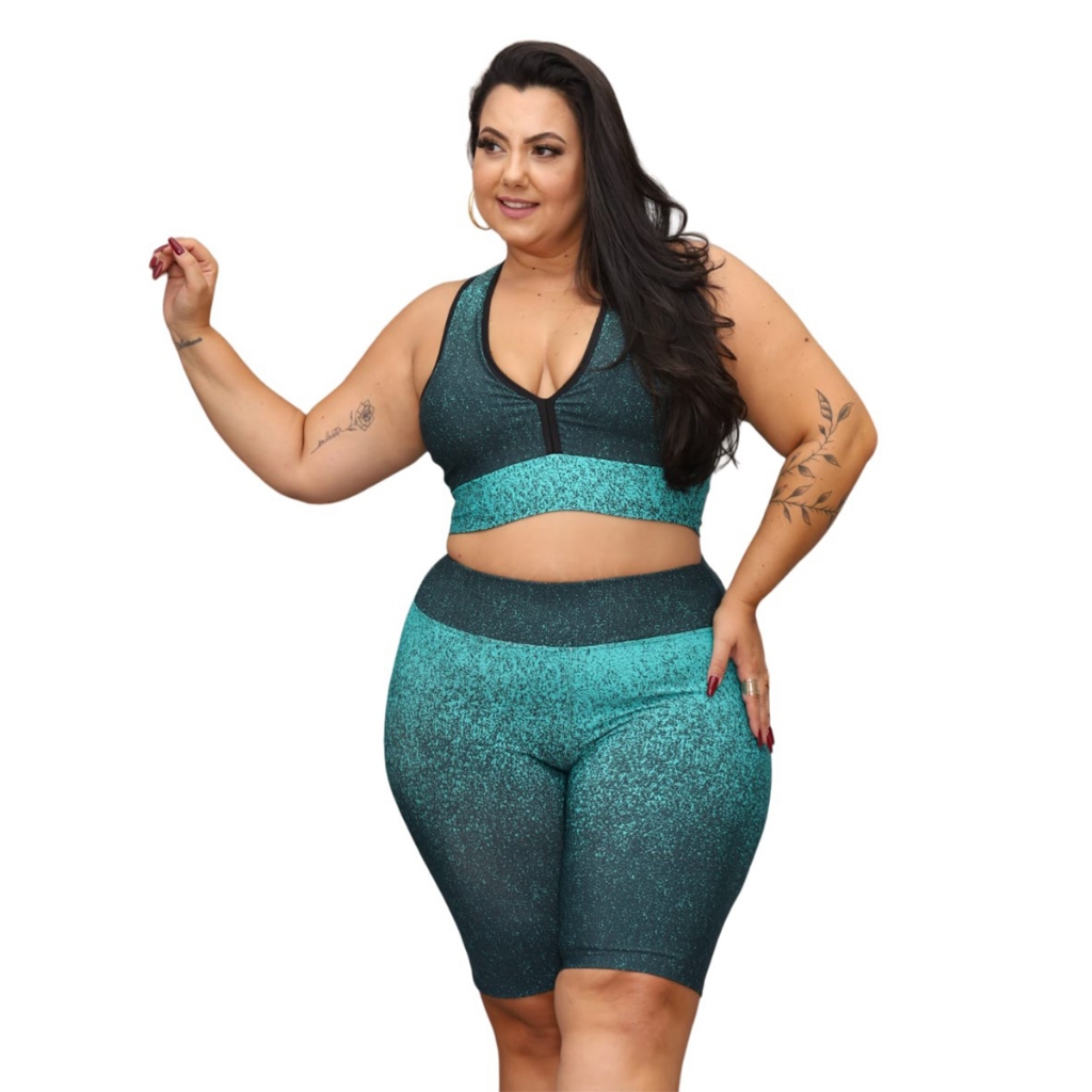 Roupa Academia Plus Size Top e Bermuda Degrade em Oferta na Shopee