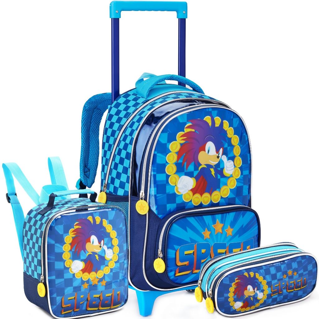 Kit Mochila Escolar Infantil Menino Rodinha com Lancheira e Estojo