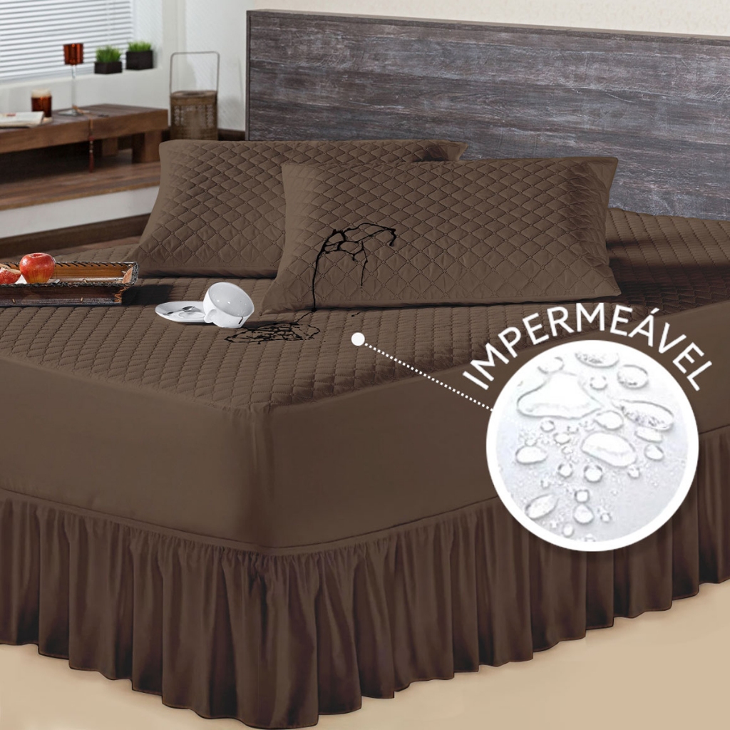 Capa De Colchão E Travesseiro Impermeável Cama Casal + Saia Box