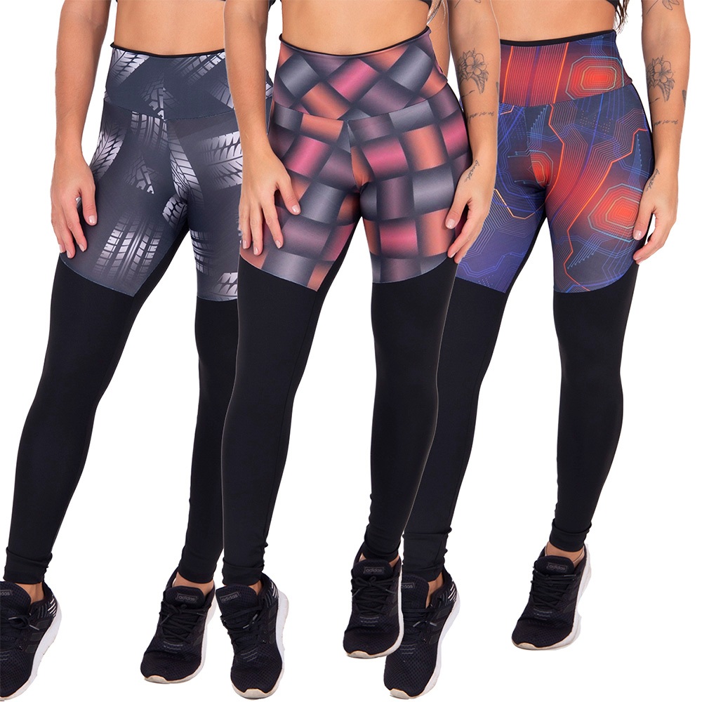 Detalhes do Kit 3 Leggings Femininas Cintura Alta Fitness Academia