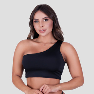 Top Cropped Faixa Fitness Feminino Com Alça De Um Ombro Só Blogueira
