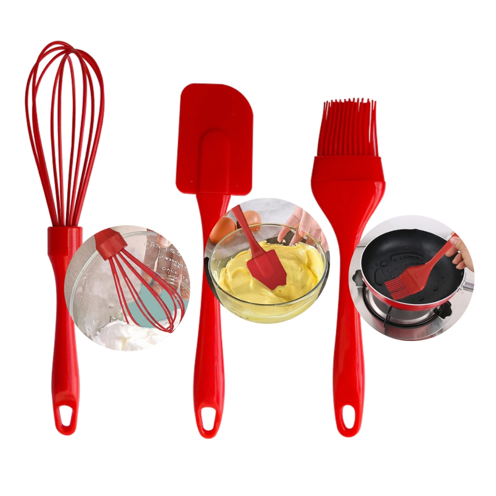 Kit 3 Peças Vermelho para Cozinha Utensílios Confeiteiro Espátula Pincel Fuê Batedor de claras em Silicone