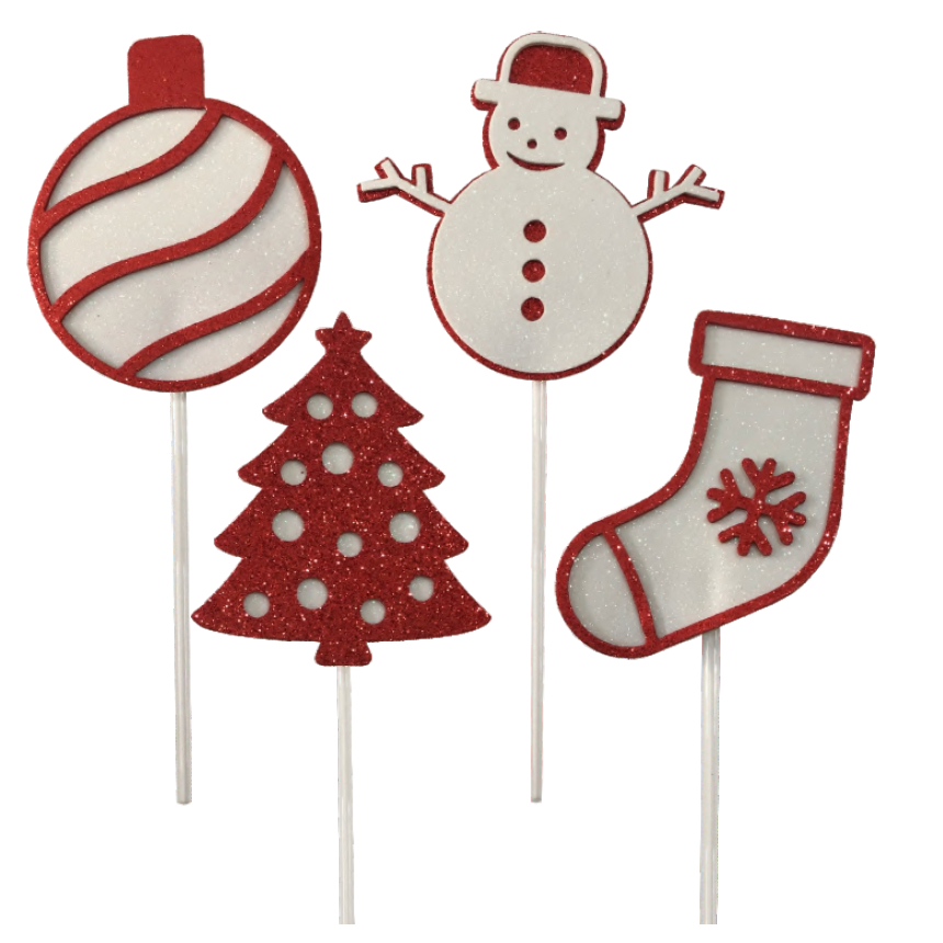 Topo Topper de Bolo Boneco de Neve Bola e Árvore de Natal EVA Branco e Vermelho Vivarte - Inspire sua Festa Loja