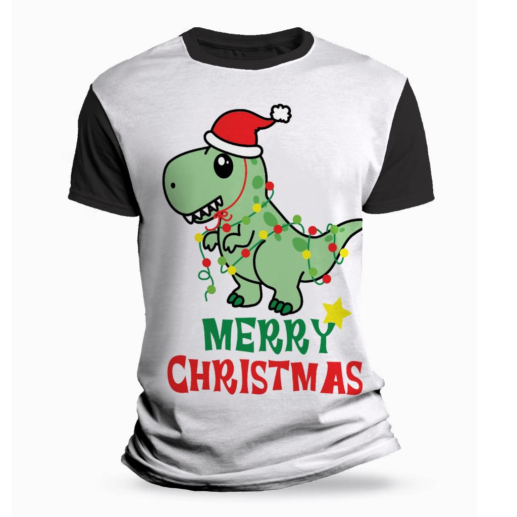 Camiseta Infantil Dinossauro Noel Natal Merry Christmas