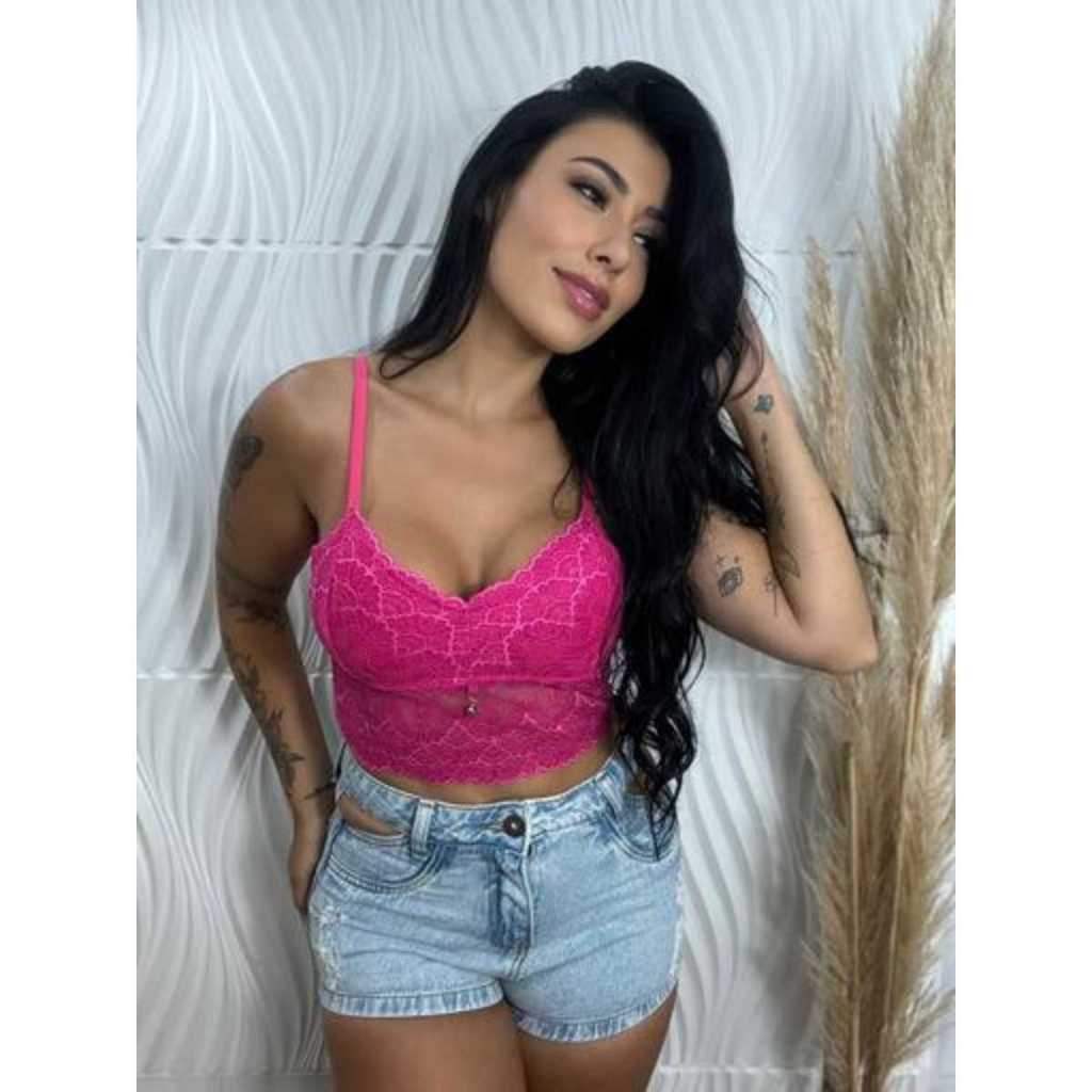 Cropped Renda sem Bojo Feminino Alça Croped Blusinha Forrado Pingente Look Moda Verão