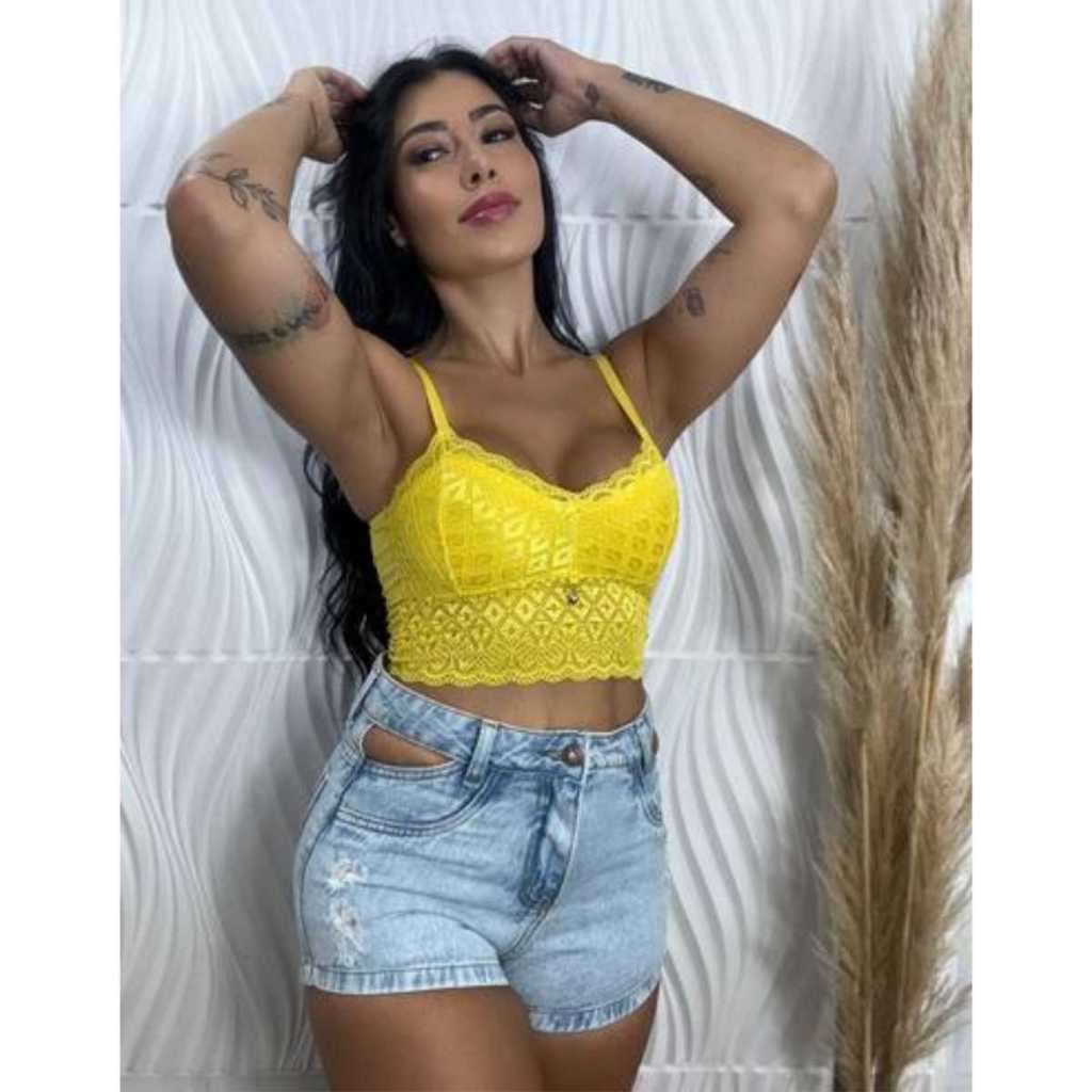 Cropped Renda sem Bojo Feminino Alça Pingente Blusinha Croped Forrado Look Moda Verão