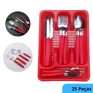 Faqueiro Jogo De Talheres Inox 25 Peças Talher Conjunto Cozinha Com Suporte.