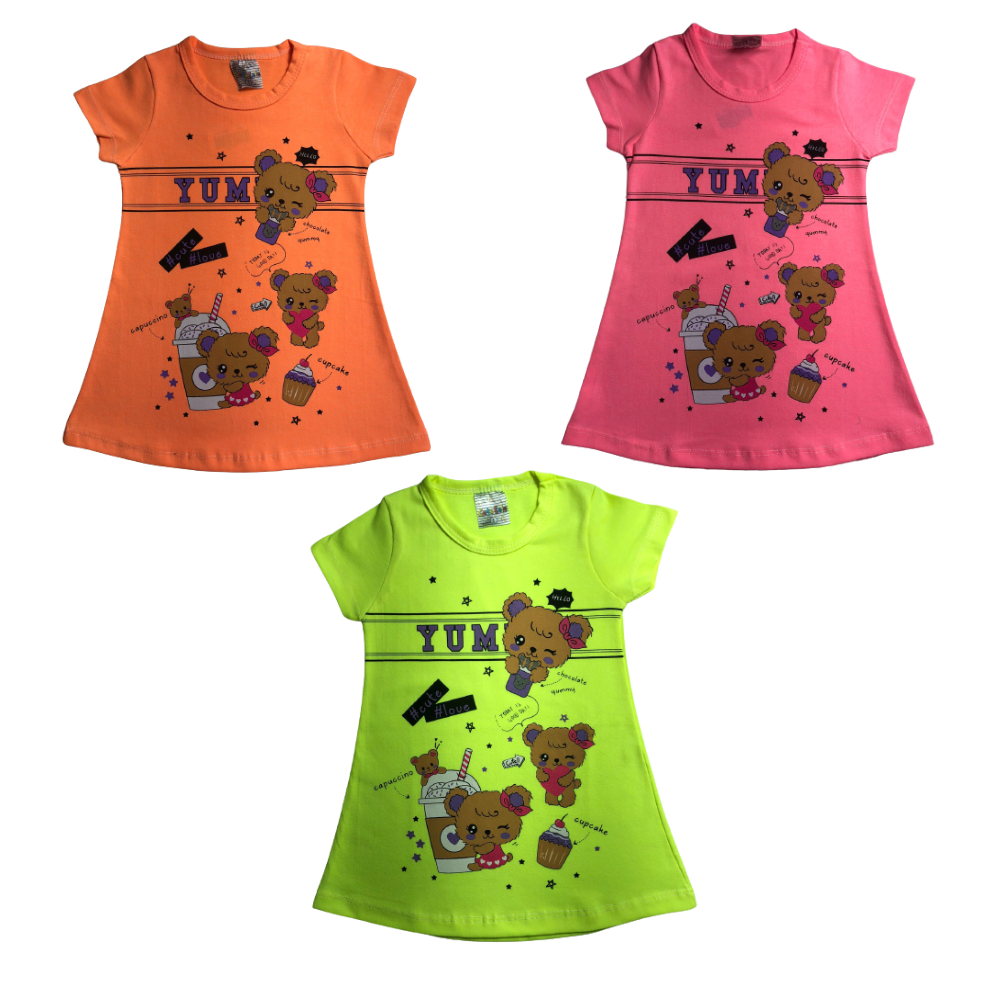 Vestido Bebê Neon Rosa Laranja Verde 1 2 3 Menina Manga Curta Estampado Infantil Cato Lele Bebe Feminino Vestidos Baby Ref 2353