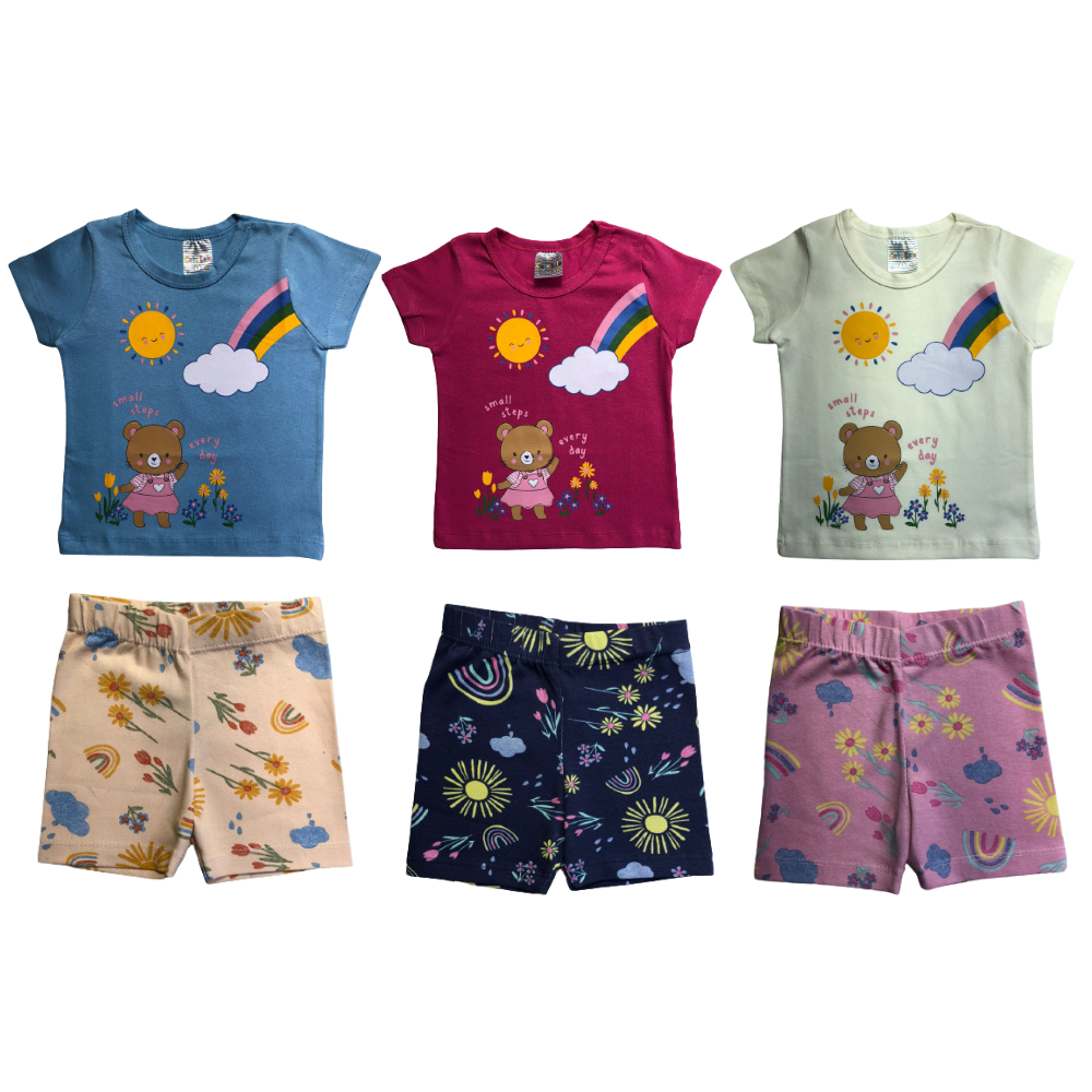 Conjunto Shorts Blusa Manga Curta Bebê Menina Estampado Short Camiseta Infantil Cato Lele Shortinho Bebe Azul Bege Pink Tamanho 1 2 3 Conjuntinho Feminino Ref 2232