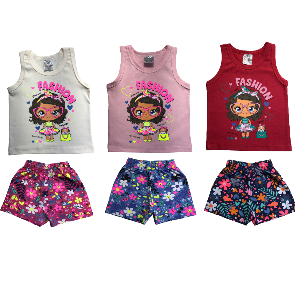 Conjunto Shorts Regata Bebê Menina Estampado Short Infantil Cato Lele Conjuntinho Regatinha Shortinho Bebe Ref 2242