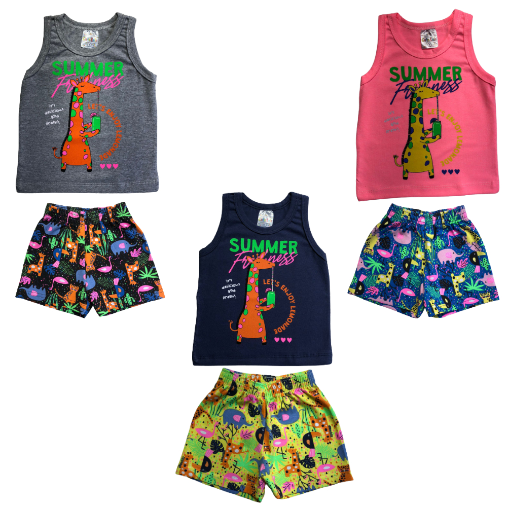 Conjunto Shorts Regata Bebê Menina Estampado Short Infantil Cato Lele Regatinha Shortinho Cinza Marinho Rosa Neon Conjuntinho Tamanho 1 2 3 Bebe Feminino Ref 2239